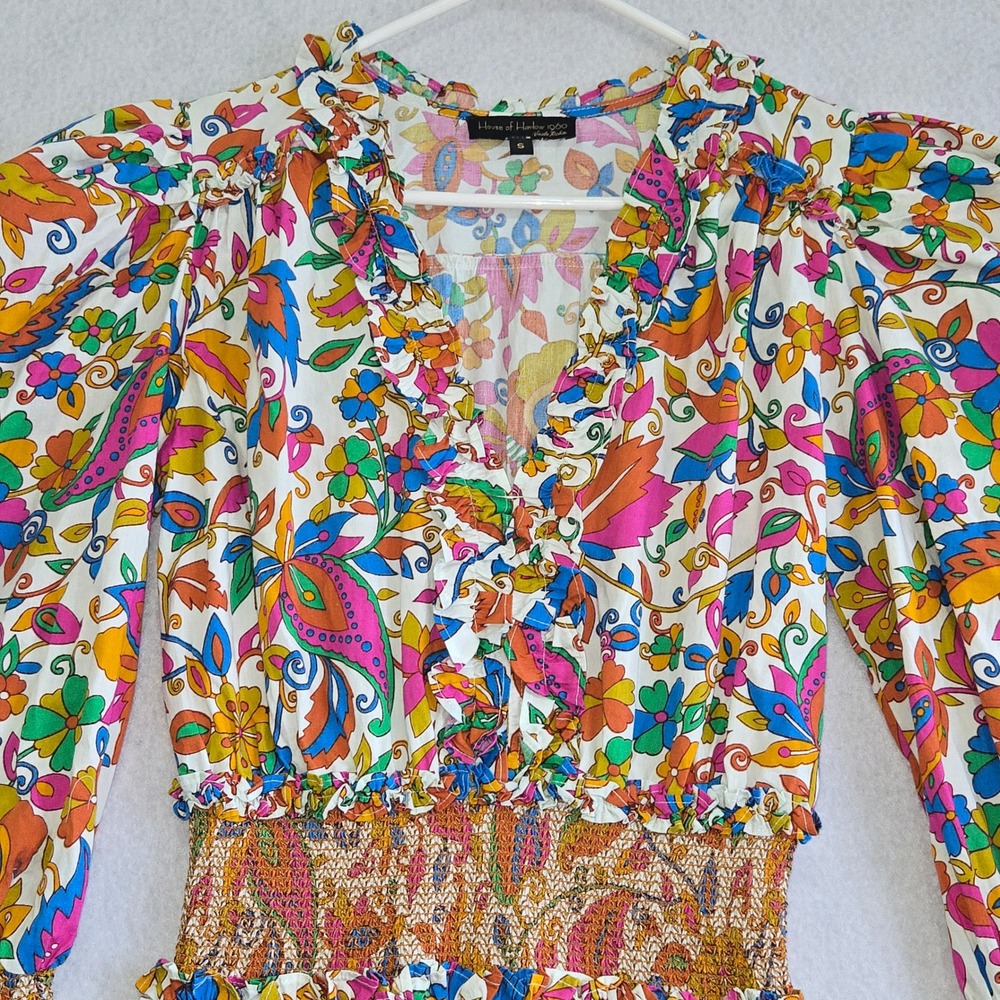 House of Harlow 1960 Nicole Richie Floral Smocked Mini Dress Cotton Small Multi - Picture 2 of 7